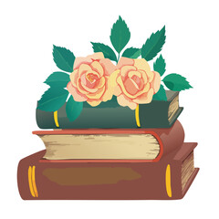 Stack of antique books adorned with delicate pink roses and green leaves Keywords: books, stack, antique, vintage, roses, flowers, floral, leaves
