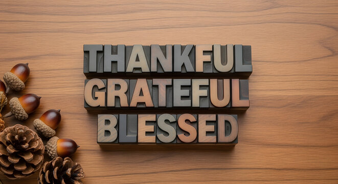 Thankful grateful blessed message in block letters with acorns and pine cones on wood surface view