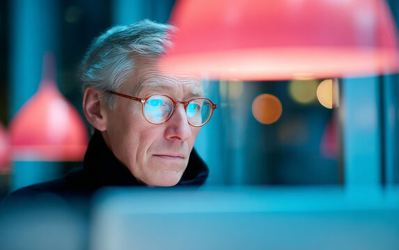 A man with glasses looking at a computer screen in an setting - Powered by Adobe