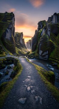 Fja?r?rglj?fur Canyons Serene Beauty at Sunset in Iceland.