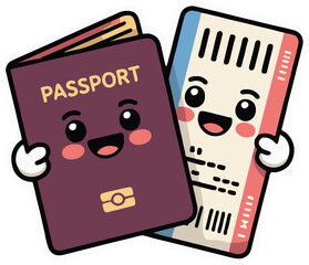Cartoon passport and ticket with smiling faces ready for travel on a dark blue background