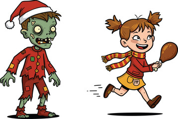 Funny Christmas zombie chasing happy girl running with turkey leg cartoon illustration, holiday humor mix of Halloween and Christmas theme