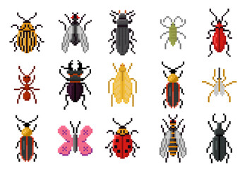 Pixel art insects. Pixelated 8 bit insect and beetle icons including ant, bee, butterfly, fly, ladybug, beetle and wasp in old school retro arcade video game style vector icons set