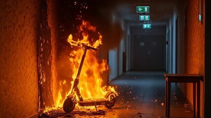 Electric scooter fire ignites indoor hallway, hazardous emergency situation unfolds