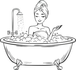 Woman enjoying a relaxing bubble bath under a shower Keywords: woman, bath, bubbles, shower, relaxation, hygiene, bathing, clean, water, spa, self