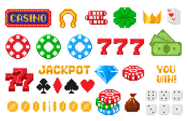 Pixel art gambling icons. Pixelated casino poker chips, 8 bit dice, lucky clover and horseshoe, golden coins and crown slot machine elements, you win and jackpot signs vector set
