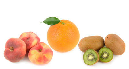Assortment of Fresh Citrus, Peaches, and Kiwi on White Background