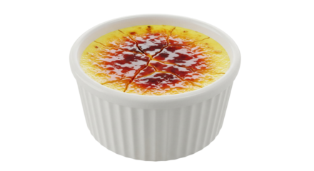 3D photorealistic of crème brûlée in ceramic ramekin, caramelized sugar top, isolated