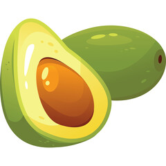 Pixel Art Avocado Sliced Open Revealing Bright Yellow Flesh and Smooth Brown Seed on a Transparent Background