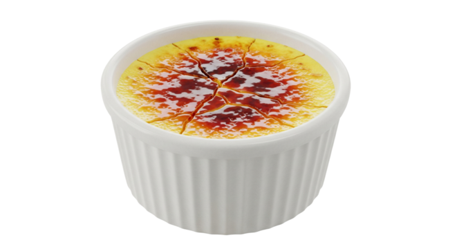 3D photorealistic of crème brûlée in ceramic ramekin, caramelized sugar top, isolated