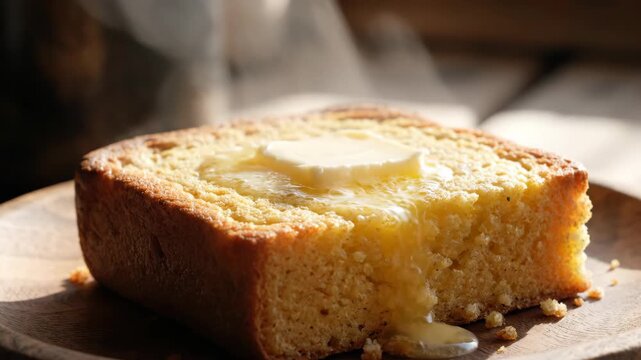 Melting butter on warm cornbread slice closeup.