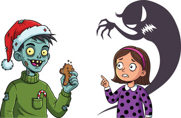 Funny Christmas zombie eating cookie and scared little girl with spooky ghost shadow cartoon illustration for holiday horror vector design