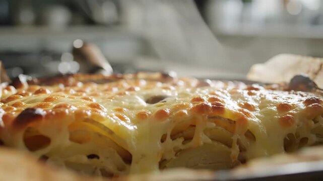Steaming baked pasta casserole with bubbling melted cheese.