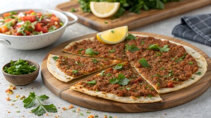 A close-up of freshly baked Turkish Lahmacun served on a wooden board, topped with parsley and lemon slices. Soft natural light highlights the crispy flatbread and savory minced meat topping.