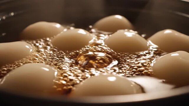 White dumplings boiling in sweet syrup closeup.