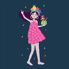 Happy Girl Celebrating Summer with Tropical Fruit Drink