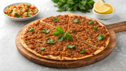 A close-up of freshly baked Turkish Lahmacun served on a wooden board, topped with parsley and lemon slices. Soft natural light highlights the crispy flatbread and savory minced meat topping.