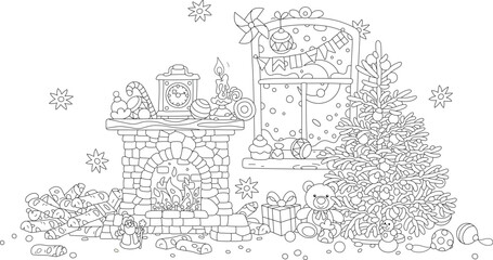 Festively decorated room with an old burning fireplace and a green fir on the snowy night before Christmas, black and white vector cartoon illustration for a coloring book
