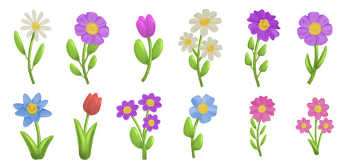 Blooming 3D flowers. Cartoon clay bouquet, spring garden flower blossom with green leaves. Colorful plasticine tulip and daisy, cute plastic summer plants. Vector isolated set
