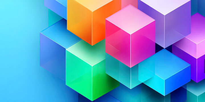 Fototapeta Colorful Abstract 3D Cubes Background with Transparent Overlapping Geometric Shapes on Blue
