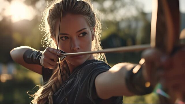 A young woman focuses intently while drawing back a bowstring in a lush outdoor setting. The woman prepares for the shot, demonstrating skill and determination under the sunlight.