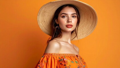 Portrait of Woman in Straw Hat and Embroidered Orange Top on Solid Background