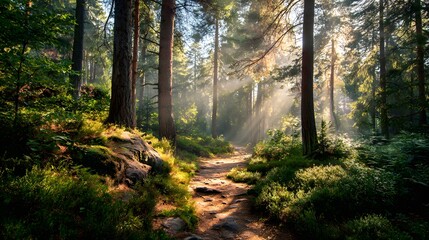 Obraz premium Sunlight streaming through forest trees on a peaceful morning path