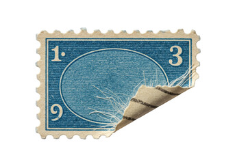 Worn vintage cerulean blue postage stamp, micro-perforated, peeling corner, fibrous core, isolated on transparent, extreme macro, dramatic lighting, concept of aged beauty and fragility