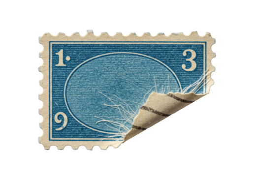 Worn vintage cerulean blue postage stamp, micro-perforated, peeling corner, fibrous core, isolated on transparent, extreme macro, dramatic lighting, concept of aged beauty and fragility - Powered by Adobe