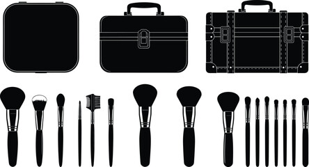 Makeup case silhouettes, cosmetic brushes, powder applicators, blush tools, storage boxes, black icons, beauty gear, accessory layout, grooming kit