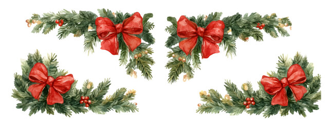 Christmas garland watercolor corner decoration elements with red bows and pine branches, creating a festive holiday border for cards and seasonal designs on a transparent background