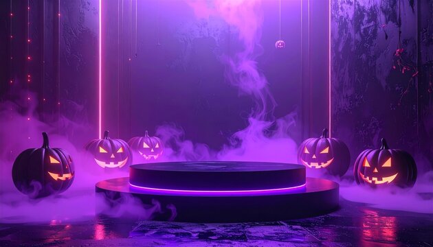 Futuristic Halloween product display podium with spooky glowing jack-o'-lanterns surrounded by purple neon lights and fog - Powered by Adobe