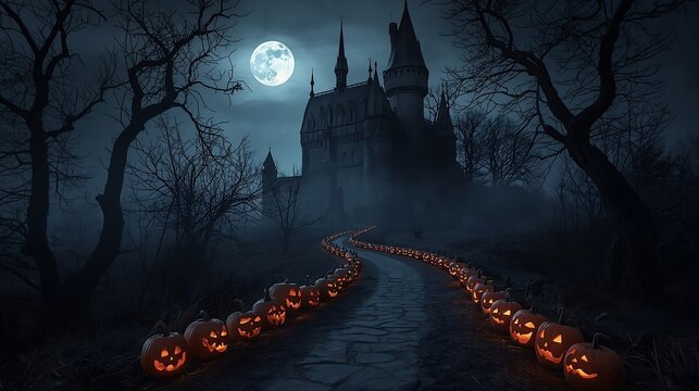 
Dark Spooky Halloween night with a haunted Castle and glowing jack-o'-lanterns  under a full moon