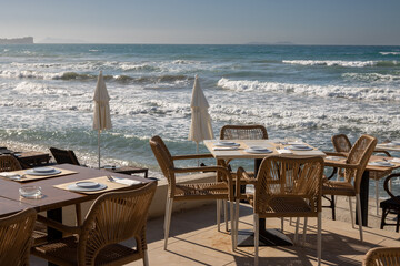 Empty restaurant terrace with seaview, Greece