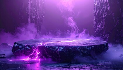 Dramatic empty circular podium with neon lights, engulfed in a swirling battle of mystical purple and fiery orange smoke on a reflective stage