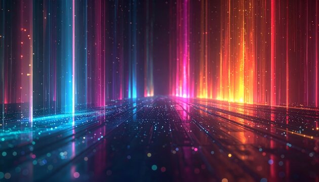 Vibrant abstract background of a futuristic digital landscape with glowing neon light beams and data particles - Powered by Adobe