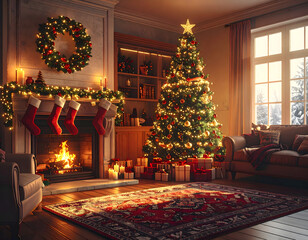 A living room with a christmas tree and a fireplace