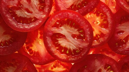 Close up of fresh tomato slices with visible seeds and juicy texture