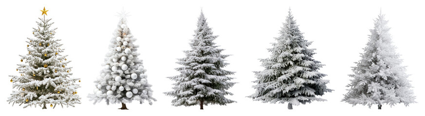 Fototapeta premium PNG Snow-covered festive Christmas trees, element set on transparent background