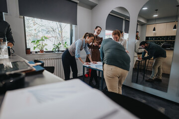 Coworkers engaging in a brainstorming session, discussing ideas together in a bright office space....