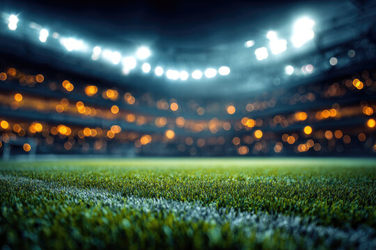 Football stadium with green grass with bokeh effect and spotlights