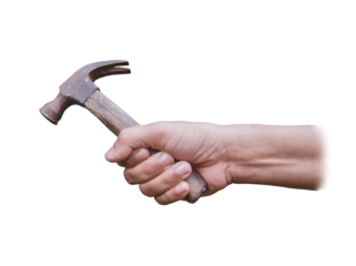 Hand holding old claw hammer, showing action tool, transparent background