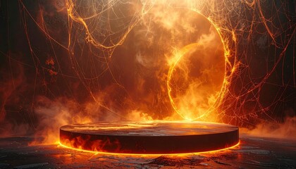 Dramatic empty circular podium with a glowing ring of fire, burning embers, and swirling smoke on a dark background for product display