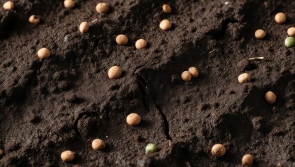 Small round seeds scattered on fertile dark soil for planting.