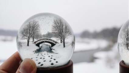 Snow globe winter scene with bridge and trees, captured in hand.
