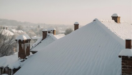 Snow-covered rooftops and chimneys in winter landscape.