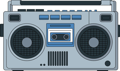 Vintage boombox illustration, retro cassette player, 80s music culture, portable stereo, audio equipment, street music, classic radio, nostalgia, vector, art