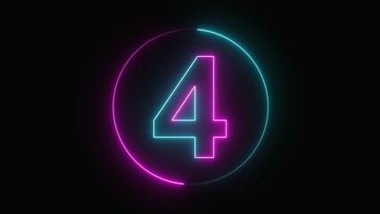 Neon number four glowing countdown timer animation graphic background