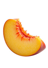 Ripe peach slice, bite taken, showing juicy flesh and fuzzy skin, on transparent, hyper-realistic macro, celebration of natural perfection and deliciousness
