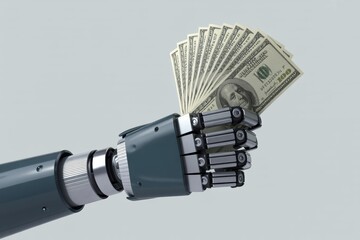 Fototapeta premium Robotic arm holding a stack of hundred dollar bills against a light gray background in a studio shot
